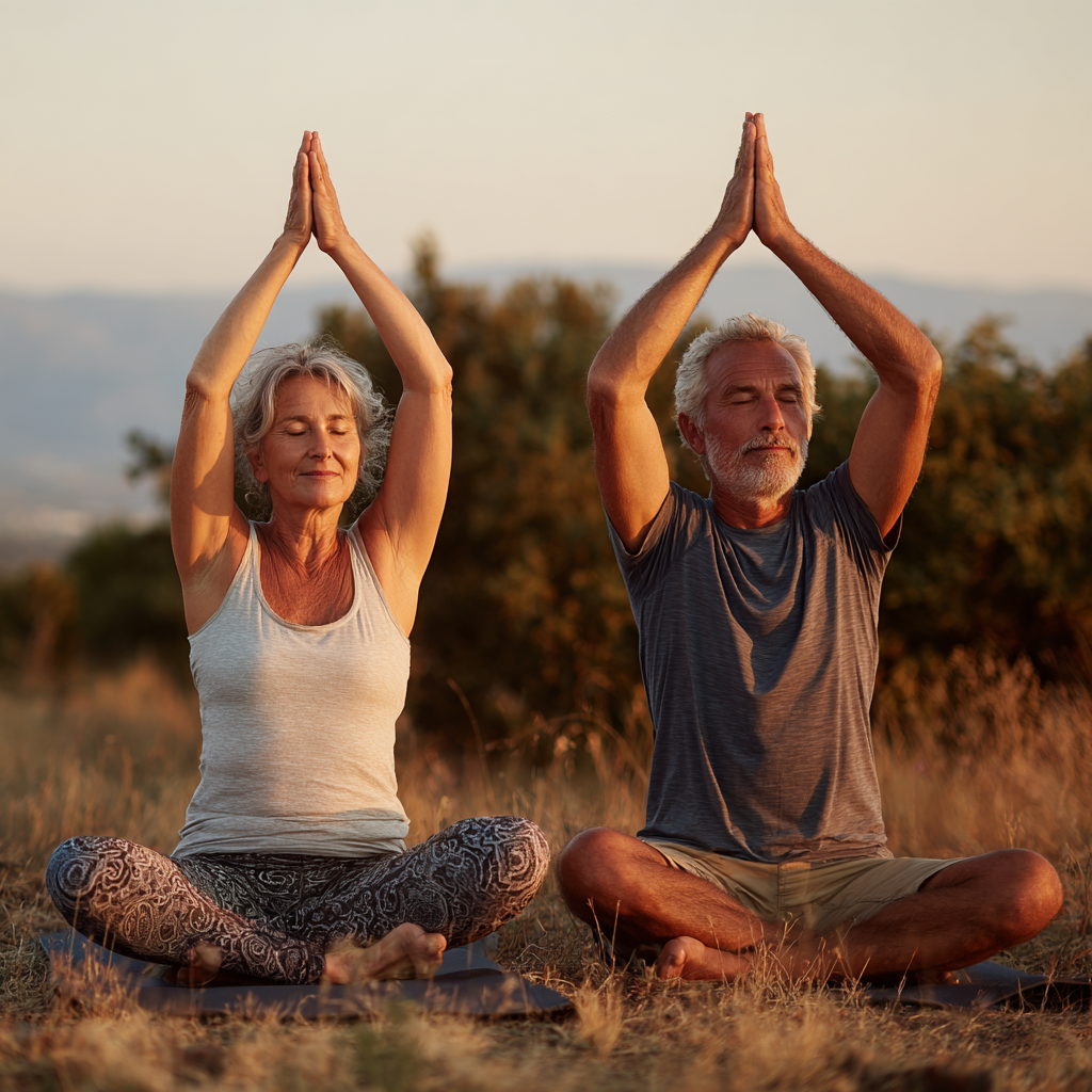 Mature adults practicing yoga together in natural setting outdoors