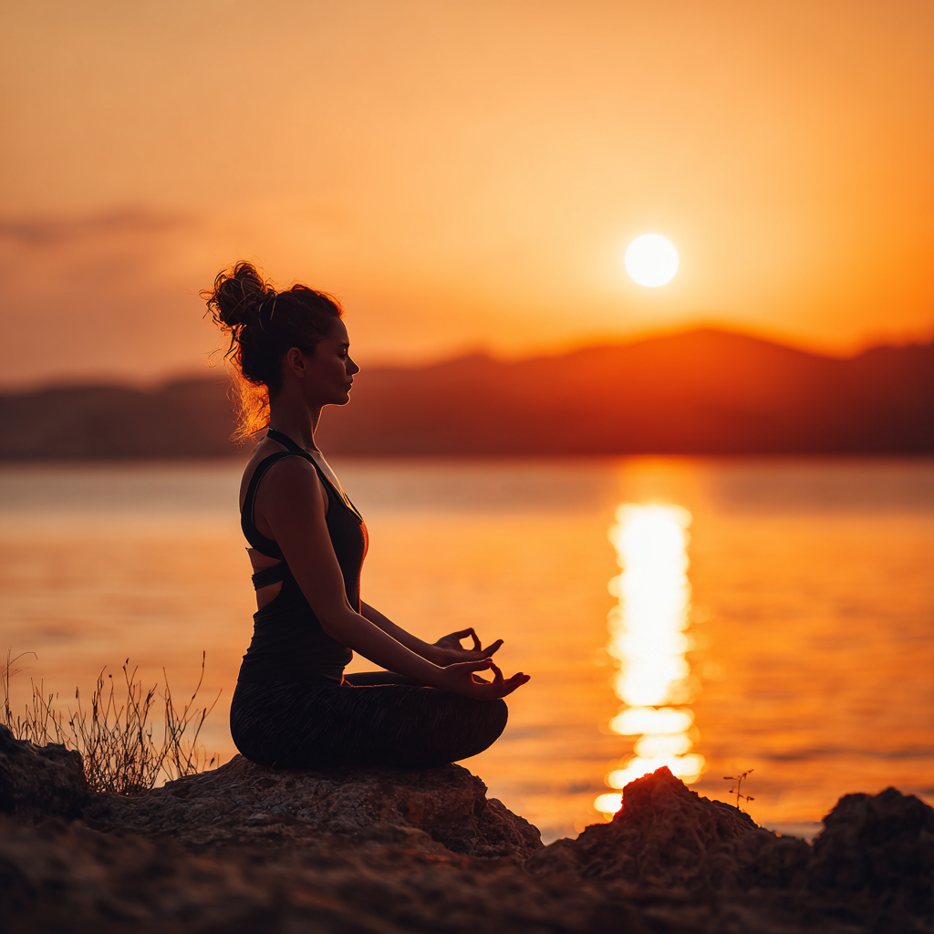 Woman practicing yoga in peaceful meditation pose at sunrise